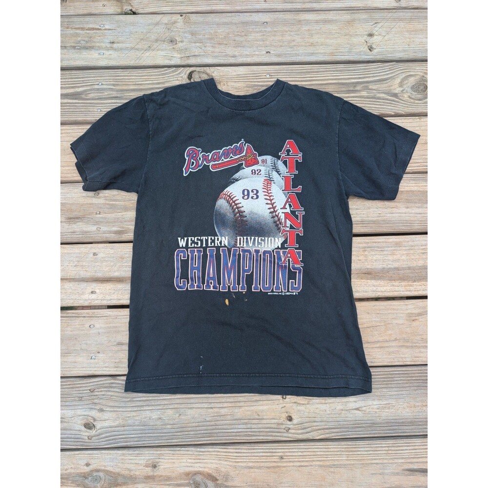 Vintage Atlanta Braves Champion T-Shirt Black Men's 1993 Pre Shrunk Large Corton